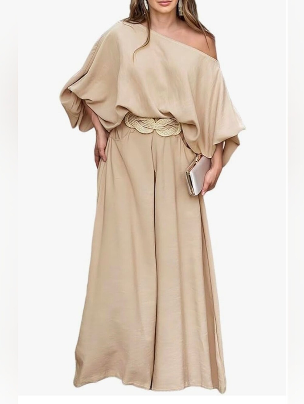 NWT CHICME Women 2 Pcs Off Shoulder Lantern Sleeve Flowy Wide Leg Pants Set